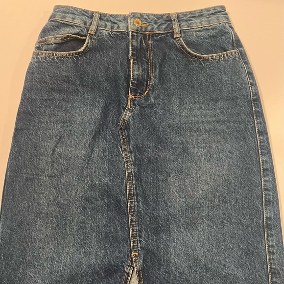 ZARA 70s Blue Cotton‎ Denim Jean Front Vent Midi Skirt Size Small - Picture 8 of 14